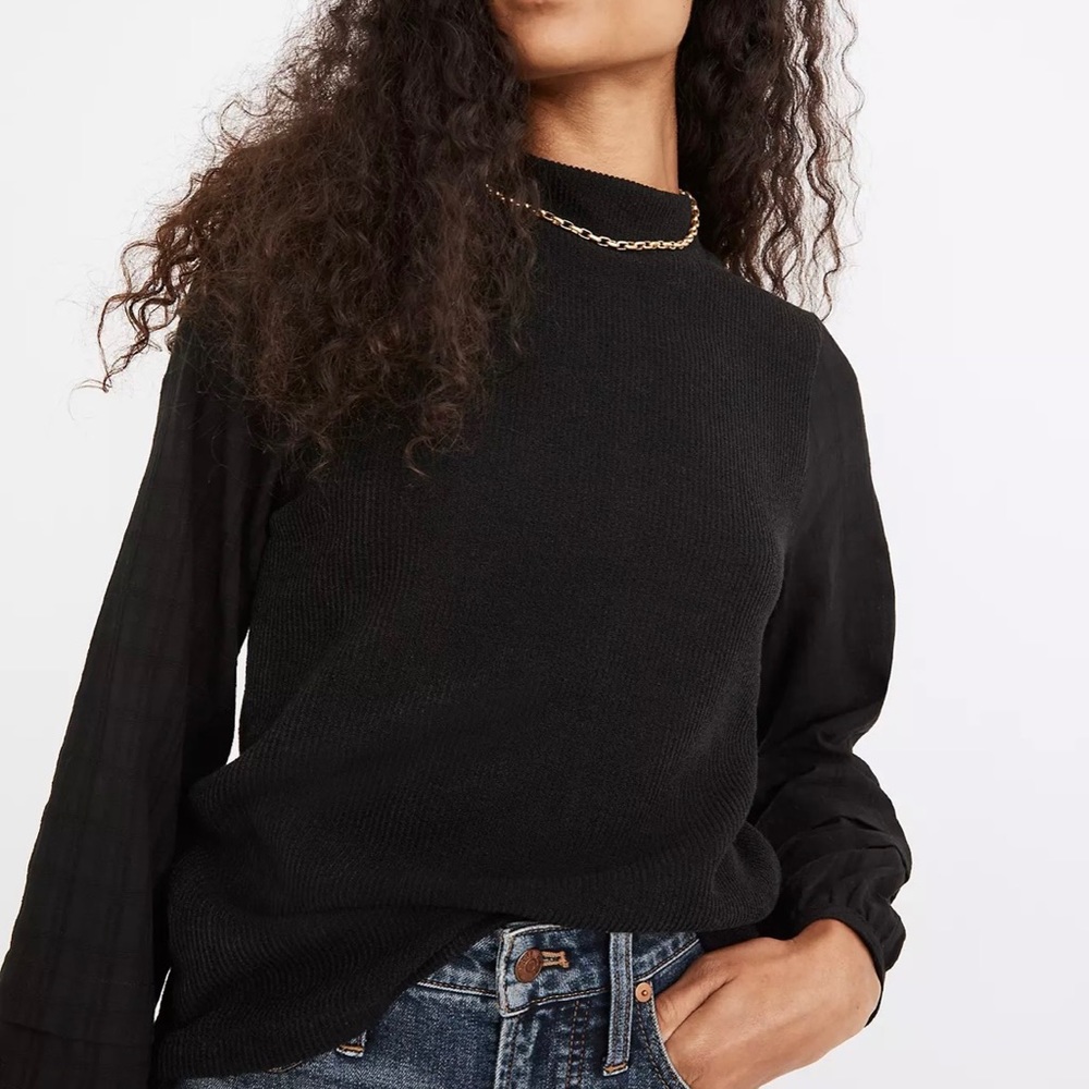 Madewell | Black Weavemix Mockneck Bubble Sleeve Top - Size M - Picture 2 of 8